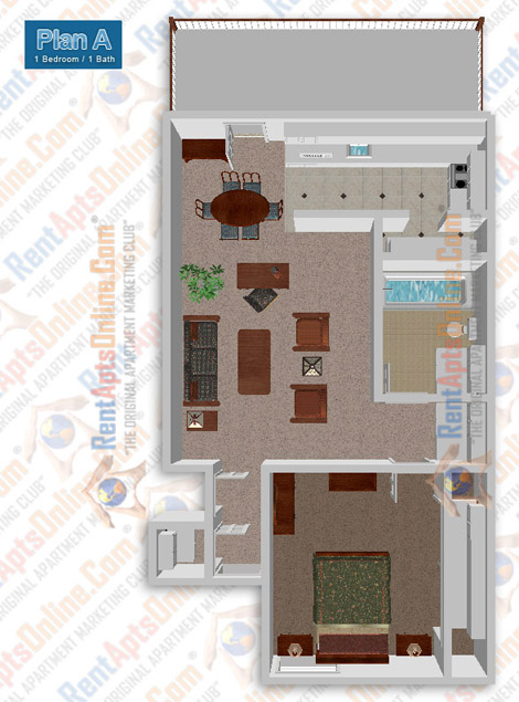 This image is the visual 3D representation of 'Santa Fe' in Colony Frontera Apartments.